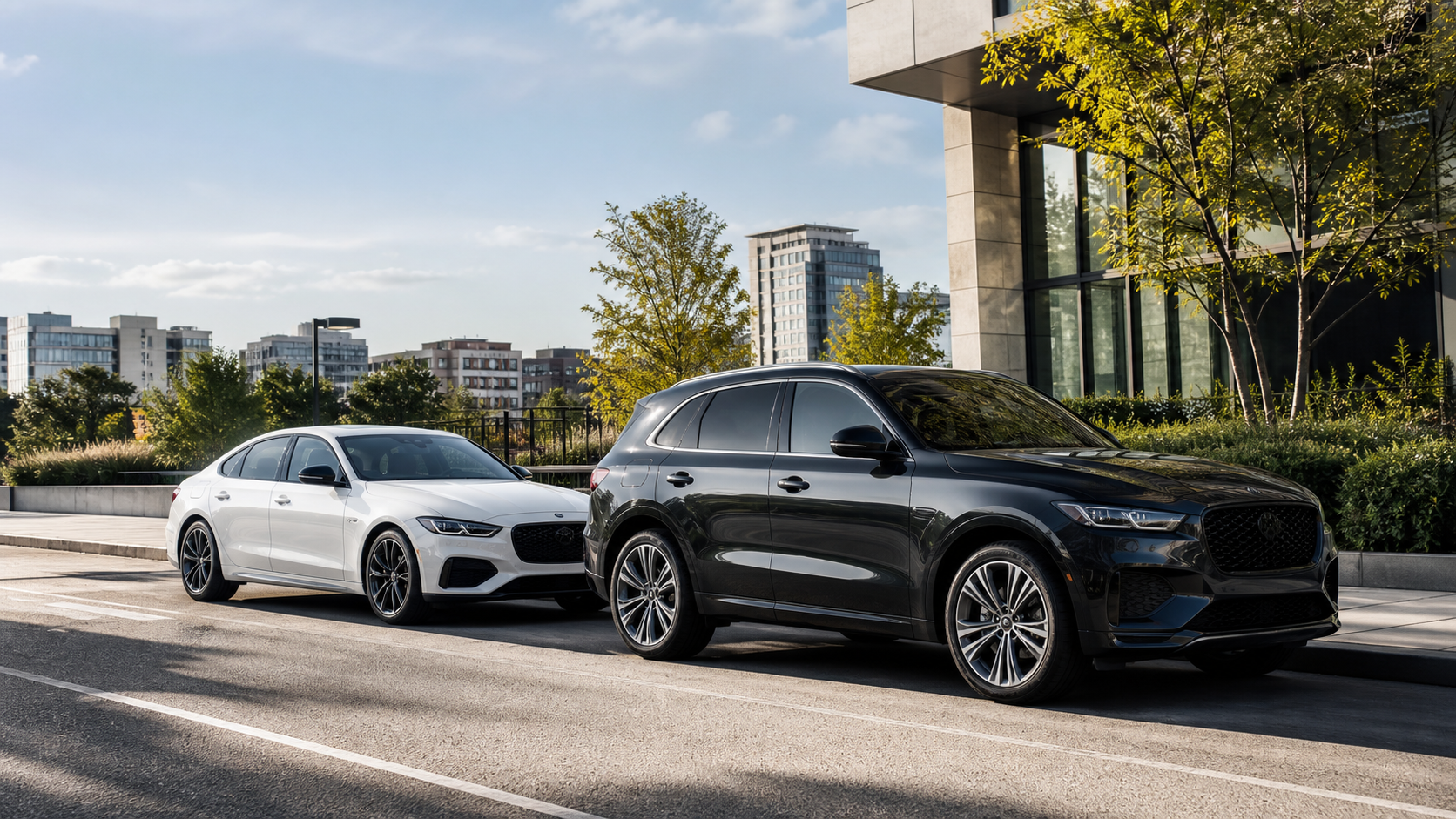 Premium rental cars parked in a clean city setting